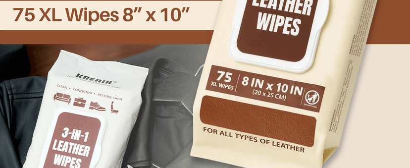 Kreair 3in1 Leather Wipes 75 XL Count, Clean, Condition & Restore Shine, Extra-Large 8"x10" Wipes for Car Seats, Shoes, Furniture & Bags, Thick, Durable & Non-Linting, Safe for All Leather Types