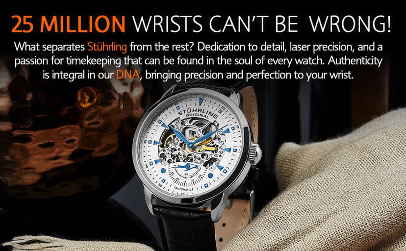 Stuhrling Original Mens Automatic Skeleton Watch - Black Leather Strap, Mechanical Silver Executive Watch