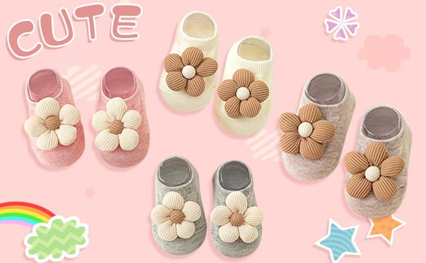 4Packs Baby Girls Socks,Flower Non-Slip Grips for Babies Toddler Princess Low Cut Ankle Socks for Girls