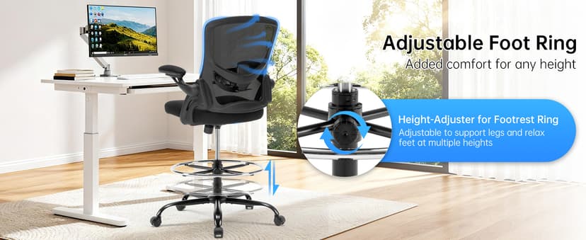 Drafting Chair Ergonomic Comuputer Standing Desk Chair with Flip-Up Arms and Lumbar Support, Tall Office Chair with Adjustable Footrest, Stool Counter Height Office Chairs Black