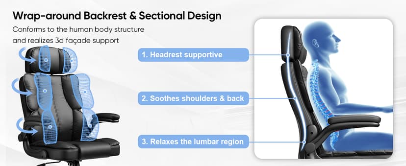 Kensaker Executive Leather Office Chair, Computer Chair with Thick Cushion & Lumbar Support, Ergonomic Desk Chair with Adjustable Headrest & Armrests,Black