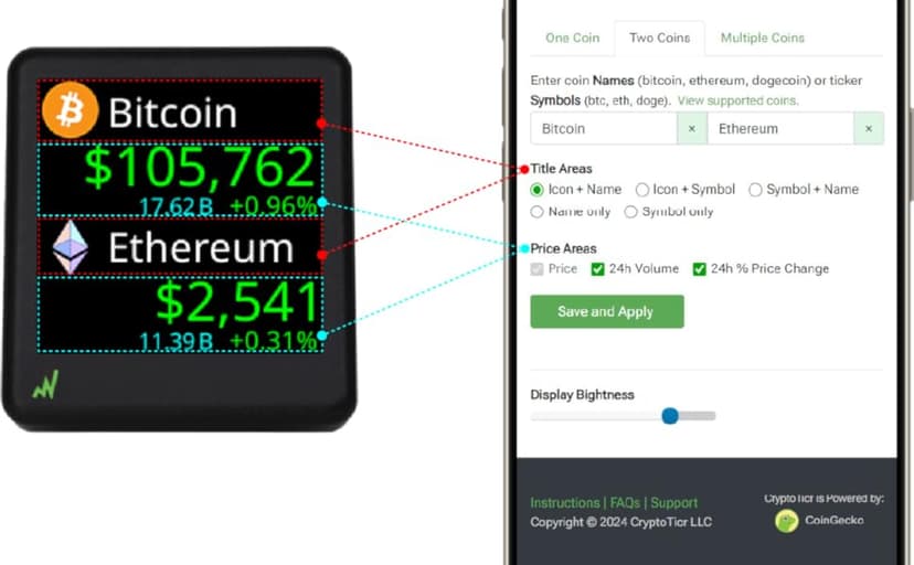 Bitcoin Ticker - Real-Time Crypto Price Display (1.54" Diagonal) for Top 1,000 Coins Like Bitcoin, Ethereum, Dogecoin, and 997 more. Compact Size, Ideal for Desk or Nightstand. Uses Wi-Fi.