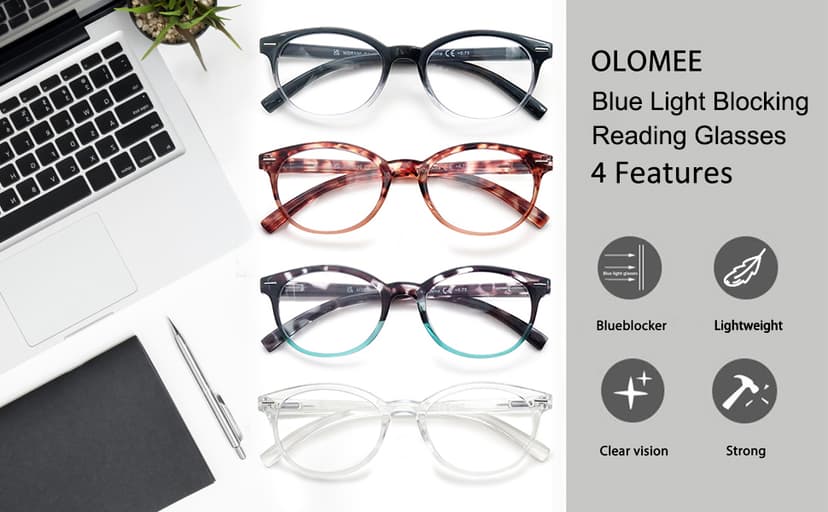 OLOMEE Blue Light Blocking Reading Glasses Women Round Readers Cute Cheaters for Small Head&Face Black/Clear/Tortoiseshell