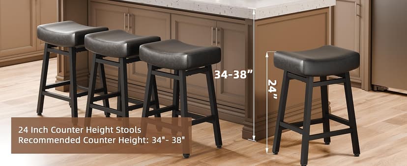 Counter Height Bar Stools Set of 2, 24 Inch Backless BarStools for Kitchen Island Leather Saddle Bar Chairs Kitchen Stools with 4" Thick Seats & Heavy Duty Metal Base, Black