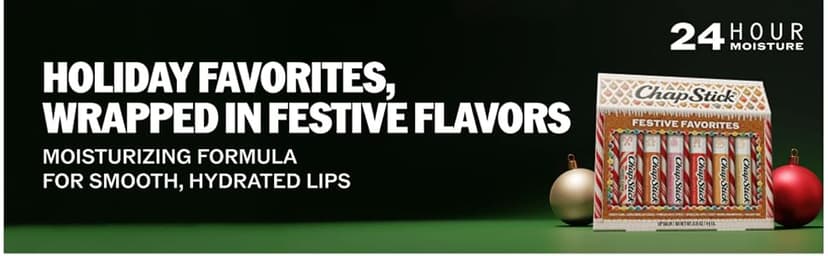0.15 oz Each, Limited Edition Seasonal Stocking Stuffer, Assorted Flavors, with 24 Hour Moisture to Hydrate Dry, Chapped Lips ChapStick Festive Favorites Holiday Flavored Lip Balm Gift Set, 6-Pack B0HB5CZRM1