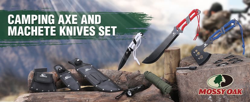 Mossy Oak Hatchet and Machete Knife Set with Sheath, One-Piece Axe & Hunting Knives with Paracord Handle, Zoomable Flashlight, Many Other Tools, Ideal Gift for Men Who Likes Hunting Outdoor Adventure