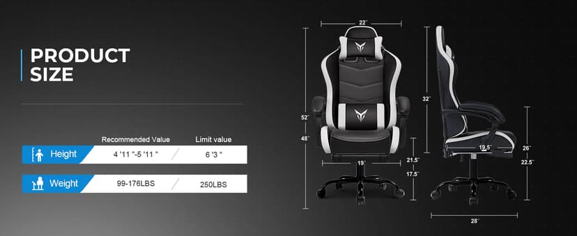 GTPLAYER Gaming Chair High Back Computer Chairs with Foot Rest for Adults, Ergonomic Height Adjustable Recliner Chair 300lbs with Linkage Armrest and Lumbar Support for Home Office, White