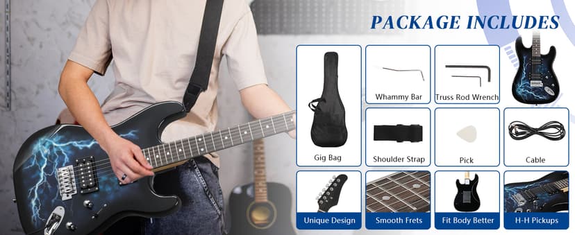 Ktaxon 39 Inch Electric Guitar, Full Size Solid Body H-H Pickups 6 Strings Beginner Guitar Kit With Gig Bag, Strap, Tremolo Arm, Cable & Picks (Black Back)