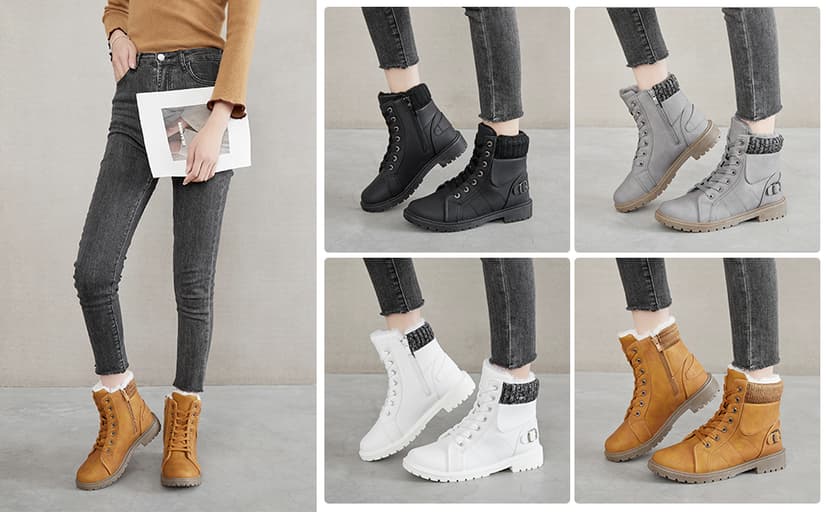 SERNIAL Womens Winter Snow Boots Fur Lined Ankle Boots White Black Side Zipper Booties