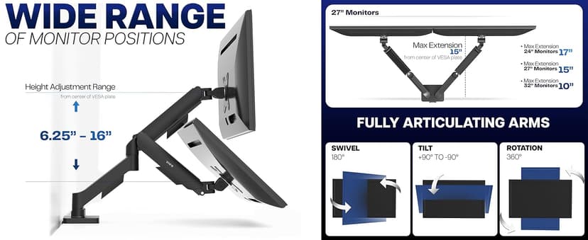 VIVO Dual Monitor Stand, Fully Adjustable Arms for 17 to 32 inch Screens, Mechanical Articulating Desk Mount, Gaming and Office Setups, VESA 75x75, 100x100, Max 19.8 lbs, Classic, Black, STAND-V002O