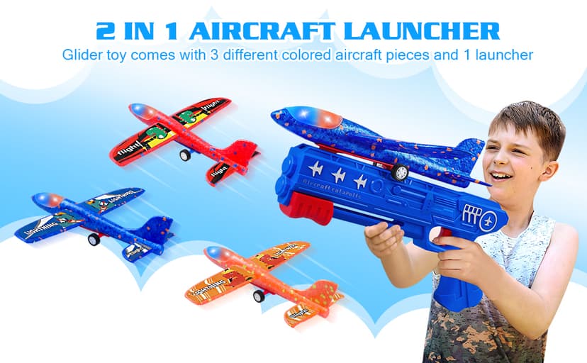 3 Pack Airplane Launcher Toys, 2 Flight Modes LED Foam Glider Catapult Plane, Outdoor Flying Toy for Kids, Birthday Gifts for Boy Girl 6+ Year Old, B-Day Party Supplies