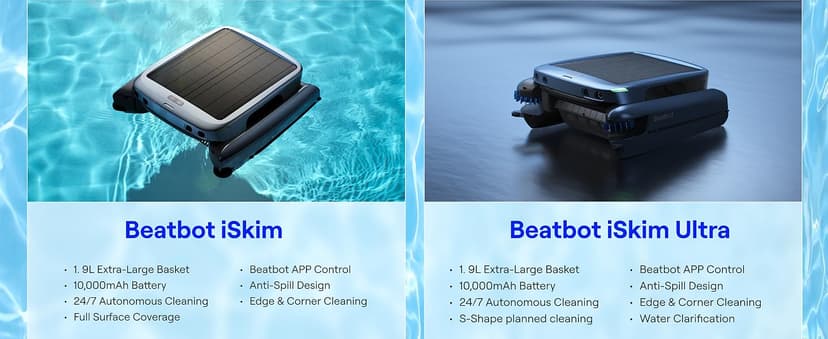 (2025 Upgrade) Beatbot iSkim Ultra 24/7 Cleaning Solar Powered Pool Skimmer with Water Clarification System & APP Control, Voice Broadcast, Dual Charging Options, Edge & Corner Cleaning, Blue