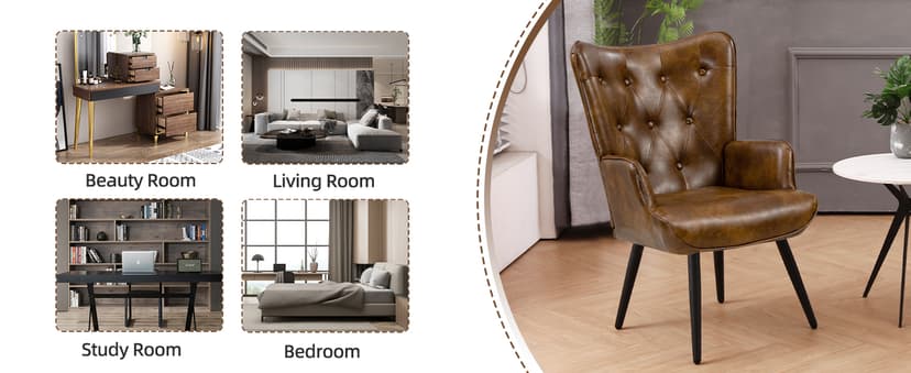 Furniliving PU Leather Accent Chair for Living Room, Upholstered Reading Chair with High Backrest, Tufted-Button Wingback Armchair for Bedroom, Dressing Room, Home Office, Brown