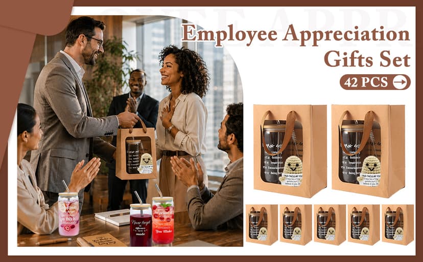 42 Pcs/6 Sets Employee Appreciation Gifts Bulk - Includes 16oz Glass Cups with Bamboo Lid, Positive Crochet, Inspirational Notebooks with Pens, Kraft Paper Gift Bags & Straw - Thank You Gifts for Coworkers, Teachers, Staff & Team B0G5MPS7K6