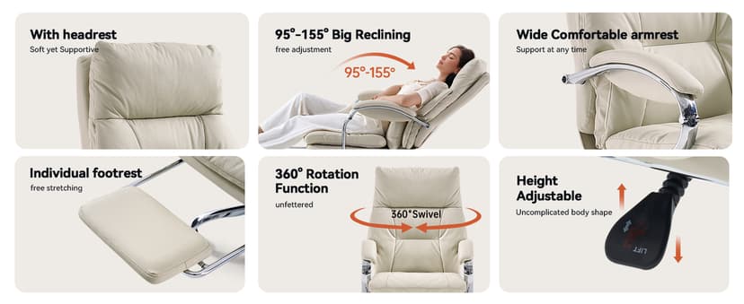 LEAGOO Office Chair with Foot Rest, Ergonomic Executive Office Chair with Arms, Reclining High Back PU Leather Comfy Swivel Computer Desk Chairs with Wheels and Lumbar Support for Home Office, Cream