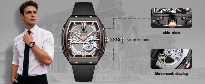 OLEVS Watch for Men Skeleton Automatic Tonneau Silicone Strap Business Luxury Waterproof Luminous Mechanical Men Wrist Watch