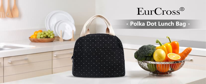 EurCross Upgraded Compact Black Lunch Bag for Girls Women,Canvas Reusable Insulated Polka Dot Lunch Tote Box Bag for Work School