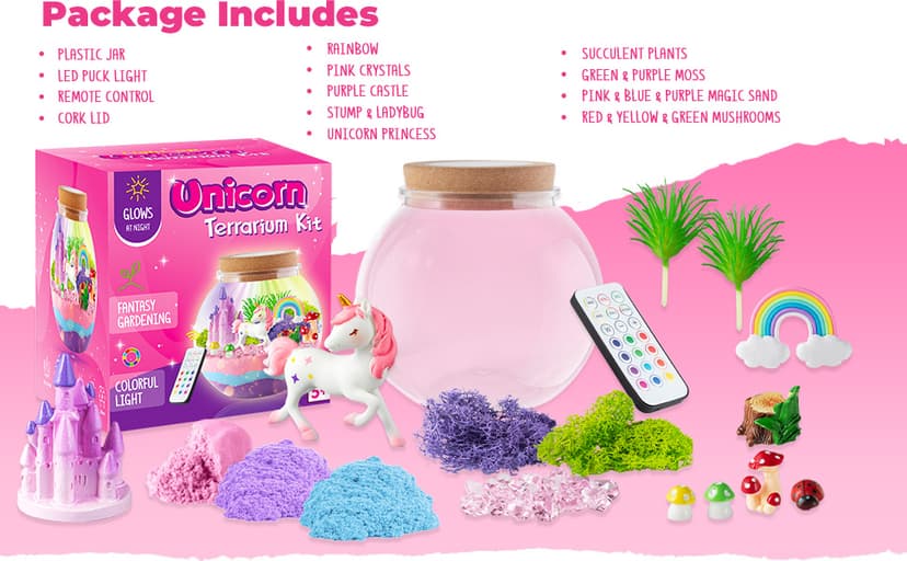 Unicorn Light-Up Terrarium Kit for Kids - LED Night Light Birthday Gift for Girls Ages 4 5 6 7 8-12 Year Old - Unicorn Toys for Girls - DIY Arts and Crafts Kit for Kids