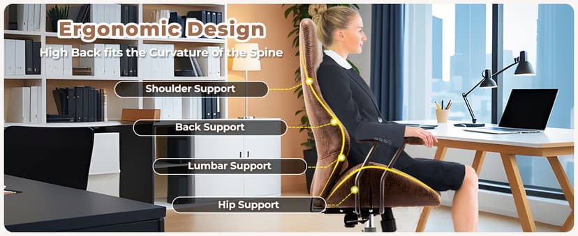 ovios Ergonomic Office Chair, High Back Faux Leather Executive Chairs with Armrests, Comfy Mid-Century Modern Swivel Rolling Computer Armchair (Dark Brown, Suede Leather)