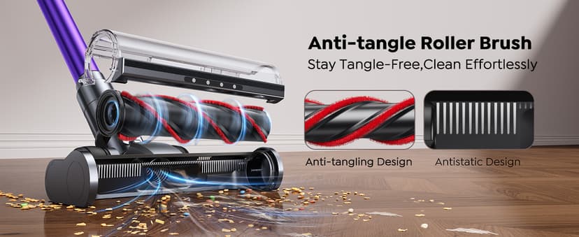 SMOTURE Cordless Vacuum Cleaner, 600W 50KPA 65Mins Vacuum Cleaners for Home, Cordless Stick Vacuum with LED Touch Screen, Anti-Tangle Wireless Vacuum, Handheld Vacuum for Pet Hair/Carpet/Floor