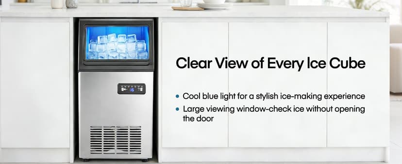 Commercial Ice Maker Machine, 100LBS/24H Freestanding & Undercounter Ice Machine with 2 Water Inlets, 40 PCS/Cycle and 24LBS Storage Bin, Stainless Steel, LED Display & Self-Cleaning for Home Bar