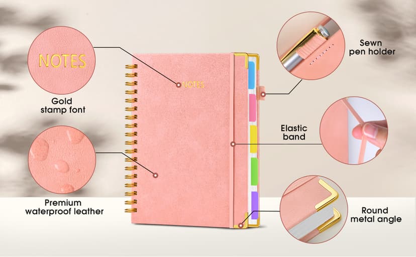 Hardcover Spiral Notebook journal with Removable Dividers Tabs, 300 Pages Leather 5 Subject Notebook College Ruled, 8"x10" Large B5 Notebooks for Work School Note taking, Lined Journal for Women,Pink B0D44Y2NSF