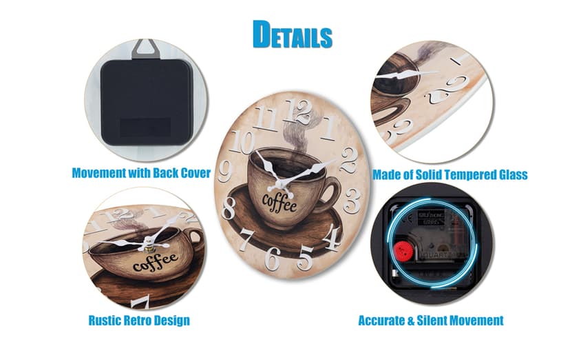 Keepcross Kitchen Wall Clock Coffee Cup Theme Rustic Modern Farmhouse Decor Glass Clock for Kitchen, Coffee Bar, Cafe - 8 Inch, Brown