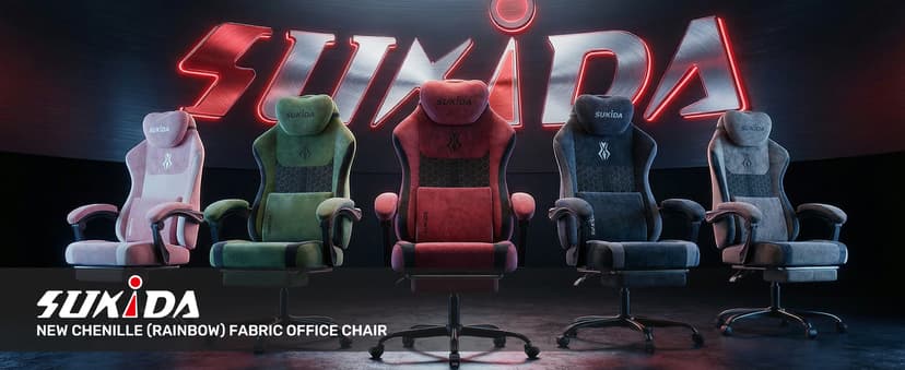 SUKIDA Fabric Video Gaming Chair, Ergonomic High-Back Computer Game Chairs with Large Massage Adjustable Lumbar Support, Headrest and Linked Armrests for Long Hours Sitting Task Chair, Red