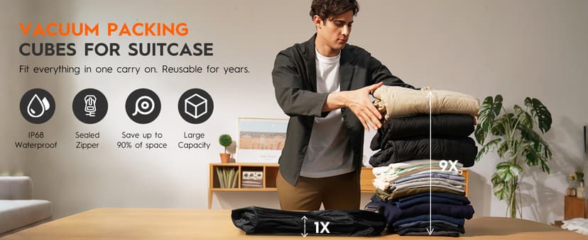 Vacuum Compression Bags with Wireless Pump – Space Saver Compression Bags for Luggage, No Checked Baggage, Triple Your Luggage Space, IP68, Reusable, Fits 20/24/28 Inch Suitcase (No Tracker)