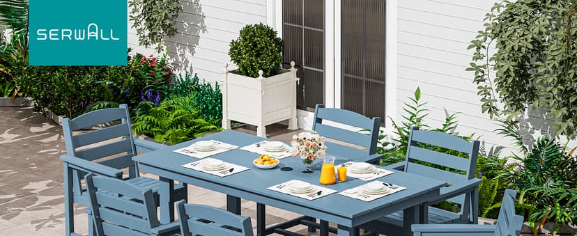 SERWALL 7-Piece Patio Dining Table Sets, Outdoor HDPE Dining Furniture Set with Umbrella Hole Cut-Out Table and 6 Chairs, Blue