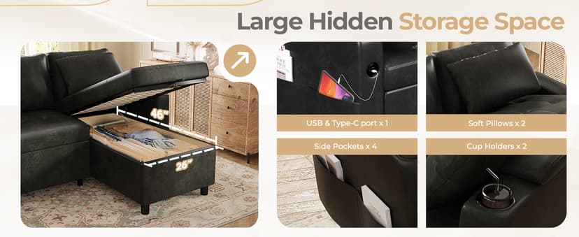 Esright Sleeper Sofa Bed, 3-in-1 Pull Out Couch with Reversible Chaise, Leather Sleeper Sofa with Storage, USB, Cup Holder, Pullout Sectional Couches for Apartment Living Room, Black | Hidden Storage Space