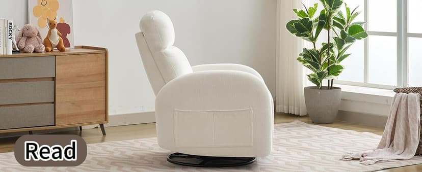 Rocking Recliner Nursery Chair, Swivel Recliner Glider for Nursery with 2 Pockets, Reclining Rocking Chair, Manual Recliners for Living Room, Bedroom, Cream White Chenille