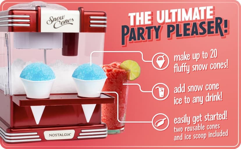 Nostalgia Snow Cone Shaved Ice Machine - Retro Table-Top Slushie Machine Makes 20 Icy Treats - Includes 2 Reusable Plastic Cups & Ice Scoop - Retro Red