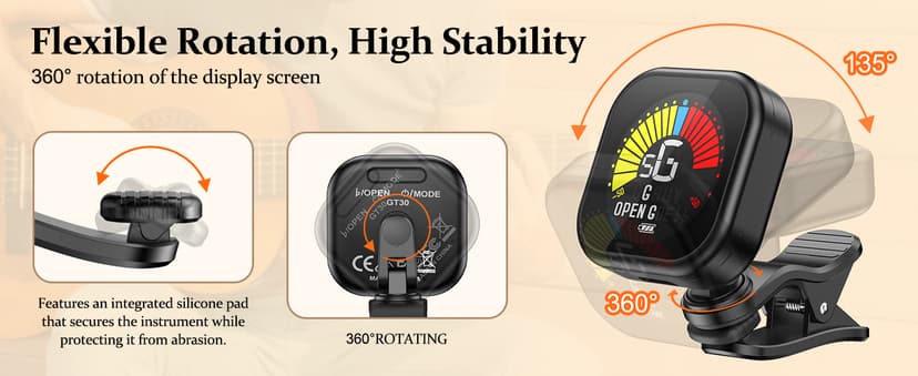 New Bee Guitar Tuner Clip-On Rechargeable with Color Screen 360° Rotatable Acoustic Chromatic Open Tuning for Guitar, Bass, Ukulele, Violin, Cello(Black, 1 Pack)