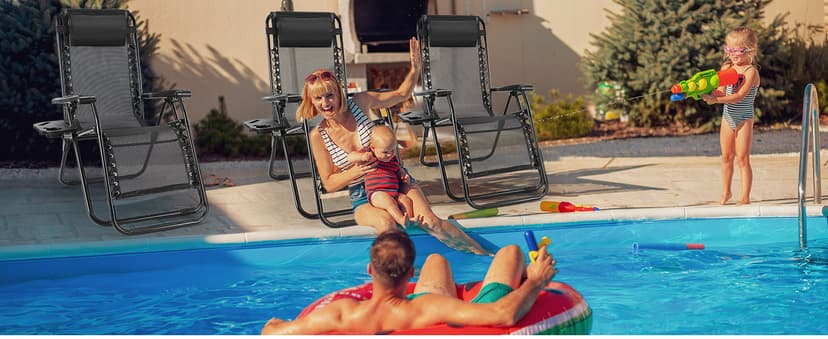 Sweetcrispy Zero Gravity Chairs, Set of 2 Portable Recliner Beach Camping Patio Outdoor Folding Lounge Chair with Cup Holder Trays and Adjustable Pillow for Poolside, Garden, Backyard, Lawn (Black)