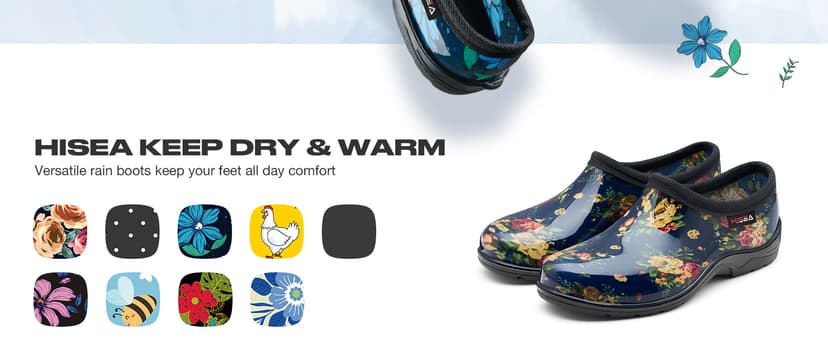 HISEA Waterproof Garden Shoe for Women Outdoor Slip-On Rain Boots Rubber Rain Shoes Short Ankle Booties and Garden Clogs with Comfort Insole
