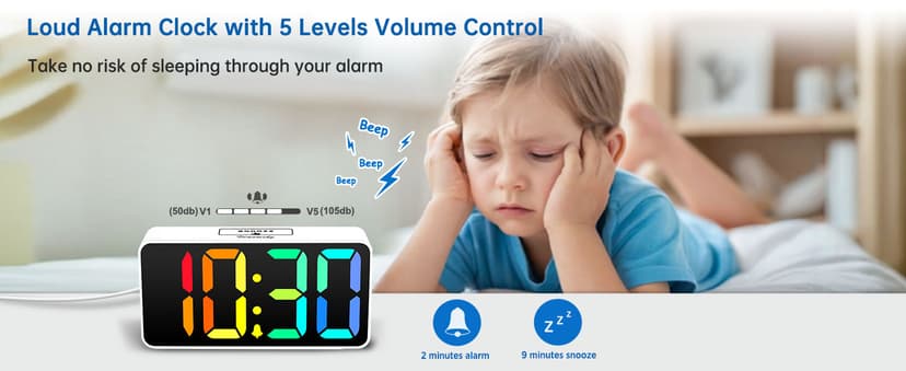 DreamSky Super Loud Alarm Clock for Heavy Sleepers - RGB Small Digital Clock for Kids Bedroom Bedside Nightstand, Electric Desk Clock with Large Number, Dimmer, Adjustable Volume, USB-C Powered