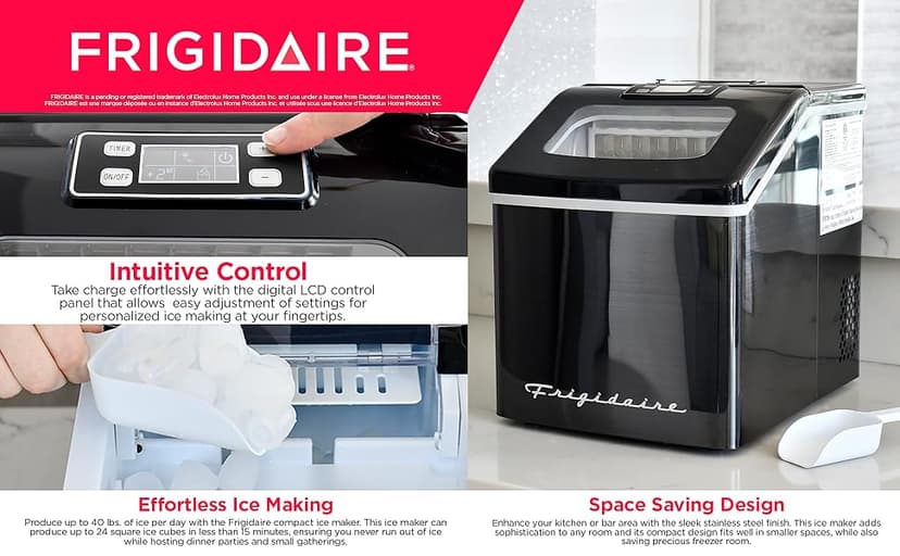 Frigidaire Ice Maker EFIC452, Countertop Stainless Steel Ice Maker with Transparent Window, Clear Ice Cube Maker with 40 lbs. Capacity, Ice Maker Machine – 14.8" D x 11" W x 14.1" H (Black)