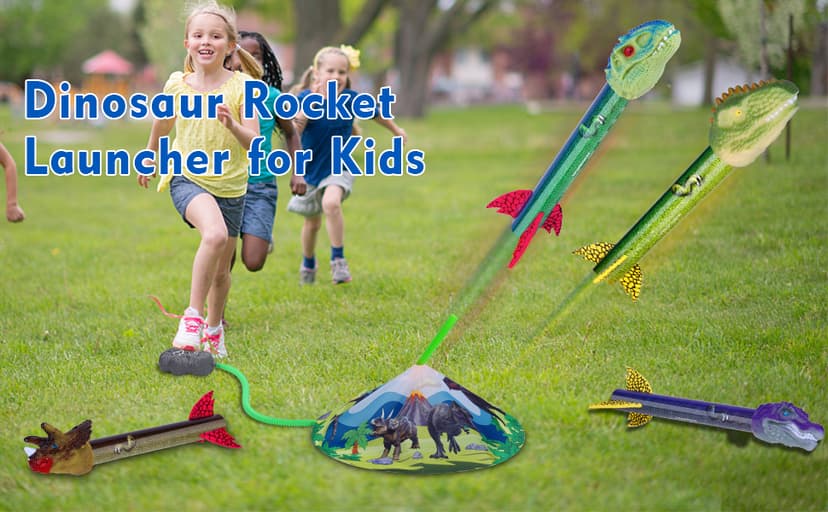 Dinosaur Toy Rocket Launcher for Kids - Launch Up to 100 Ft, 4 Rockets, Outdoor Outside Toys for Kids, Dinosaur Toys, Birthday Gifts for 3 4 5 6 7 8-12 Year Old Boys Girls