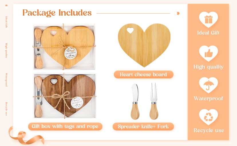 Patelai 12 Set Bridal Shower Favor Heart Cheese Board Cheese Knives Wood Mini Charcuterie Board Thank You Gift Box for Guest Bridal Baby Shower Prize Wedding Birthday Valentines (Acacia Color)