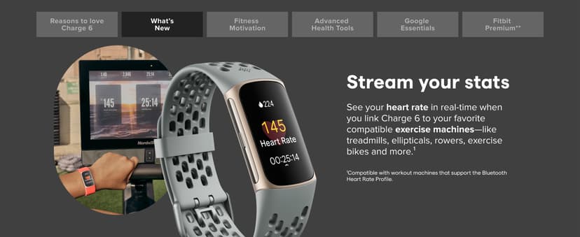 Fitbit Charge 6 Fitness Tracker with Google apps, Heart Rate on Exercise Equipment, 6-Months Premium Membership Included, GPS, Health Tools and More, Obsidian/Black, One Size (S & L Bands Included)