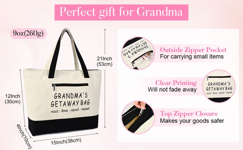 Grandma Brithday Canvas Tote Bag for Shopping Travel, Mothers day Gifts, Christmas Gifts for Grandma from Grandkids