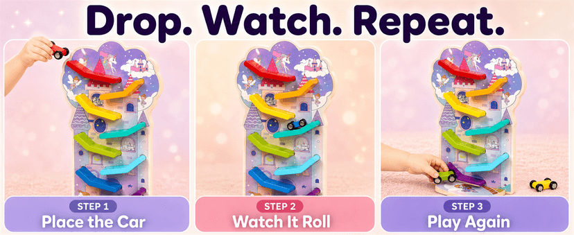 Montessori Toys for 2 Year Old Girls and Boys; Wooden Car Ramp for Cause-and-Effect and Hand-Eye Coordination; Birthday Gift Unicorn Car Ramp Toys for Toddlers 1-3, Wooden Race Track with 4 Mini Cars B0H7HBYL82