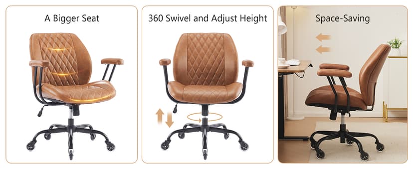 YFO Home Office Desk Chair Office Rubber Casters Ergonomic Computer Chair with Lumbar Support Adjustable Height Rolling Swivel Executive Task Armrests Chair, Brown Leather
