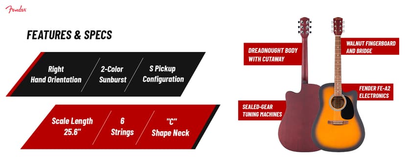 Fender FA Series Dreadnought Acoustic-Electric Guitar - 2-Color Sunburst Bundle with Gig Bag, Strings, Picks, and Austin Bazaar Instructional DVD