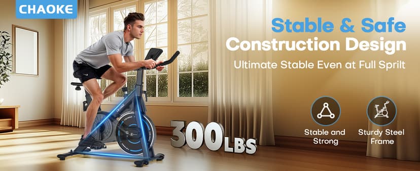 CHAOKE Exercise Bike, Quiet Adjustable Magnetic Stationary Bike for Home Cardio with App Compatible, 350LB Weight Capacity Indoor Cycling Bike with Large Seat, Dumbbell Rack, Pull Cords & LCD Display