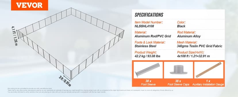 VEVOR Pool Fence, 4 x 108 FT Pool Fences for Inground Pools, Removable Safety Pool Fencing, Easy DIY Installation Swimming Pool Fence, 340gms Teslin PVC Pool Fence Mesh Protects Kids and Pets