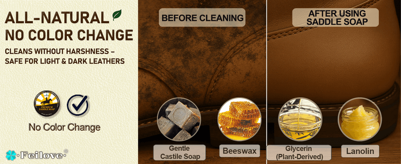 Feilove Saddle Soap for Leather – All-Natural 3-in-1 Leather Cleaner & Conditioner Kit with Horsehair Brush & Cloth – For Boots, Bags, Saddles, Car Interiors, Shoes 3.52oz