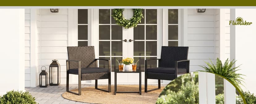 Flamaker 3 Pieces Outdoor Patio Wicker Furniture Set, Modern Rattan Chair Conversation Sets with Coffee Table for Yard and Bistro (Black)