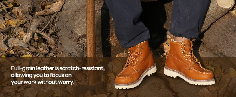 SAFETY LOONG Moc Toe Work Boots for Men Soft Toe Comfortable Full-Grain Leather 6" Non Slip and Water Resistant Safety Ankle Workboots